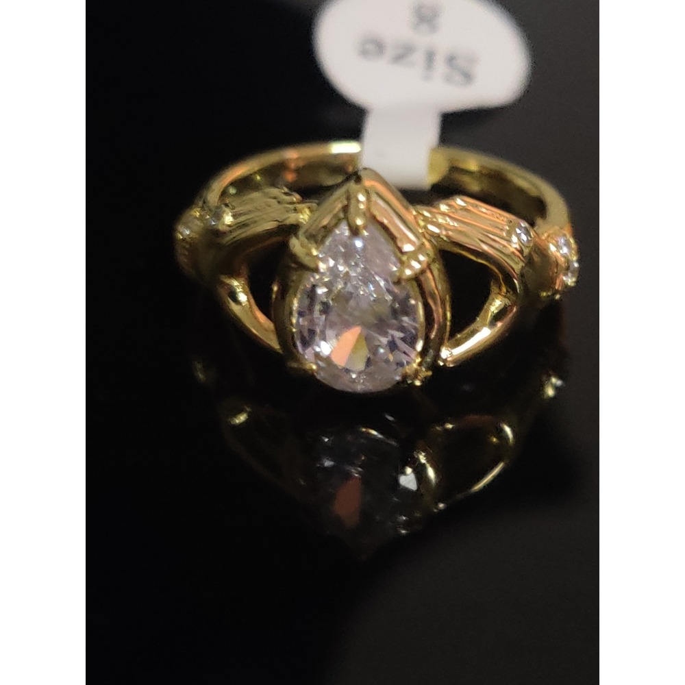 Gold Tone Pear Cut Cubic Zirconia Hands Holding Heart Style Ring Size 8
